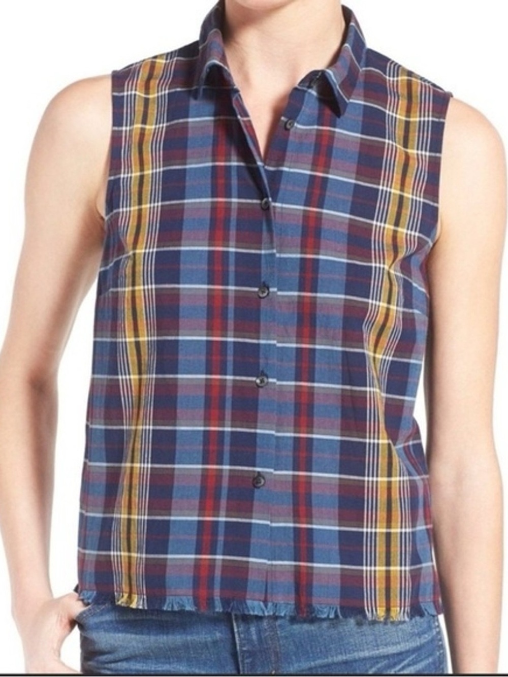 Madewell Navy, Red & Yellow Madras Plaid Sleeveless Button-Down Shirt